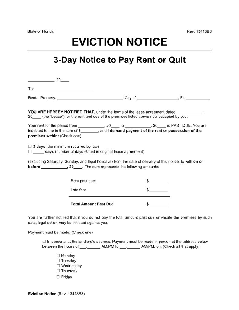 Florida 3 Day Notice To Pay Or Quit Form Free Download CocoSign
