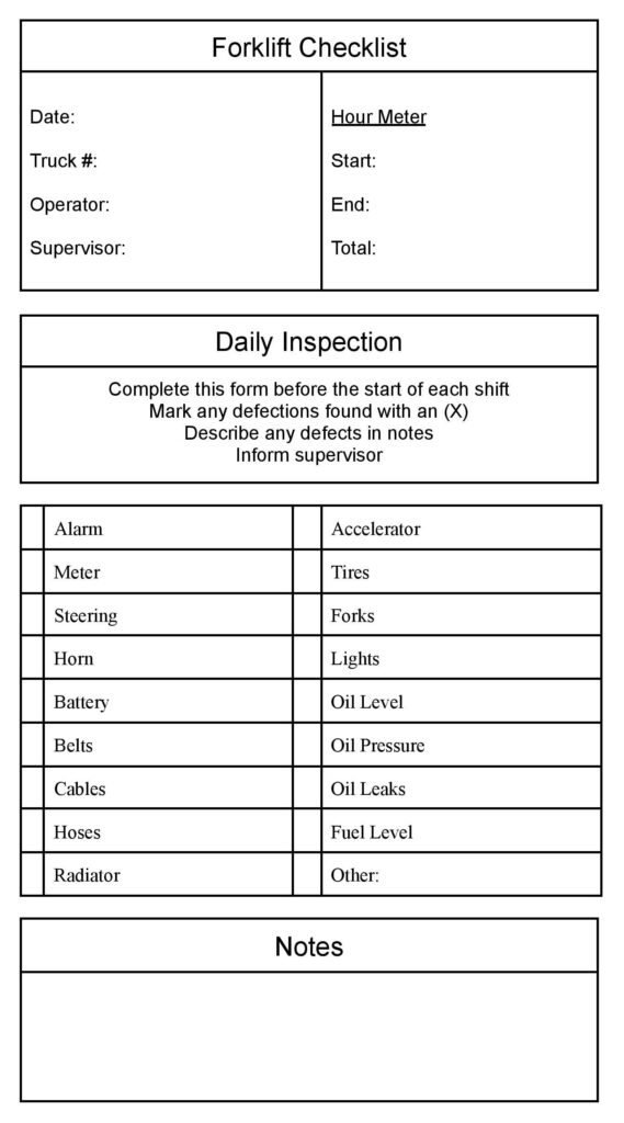 Forklift Daily Checklist Log Book Inspection