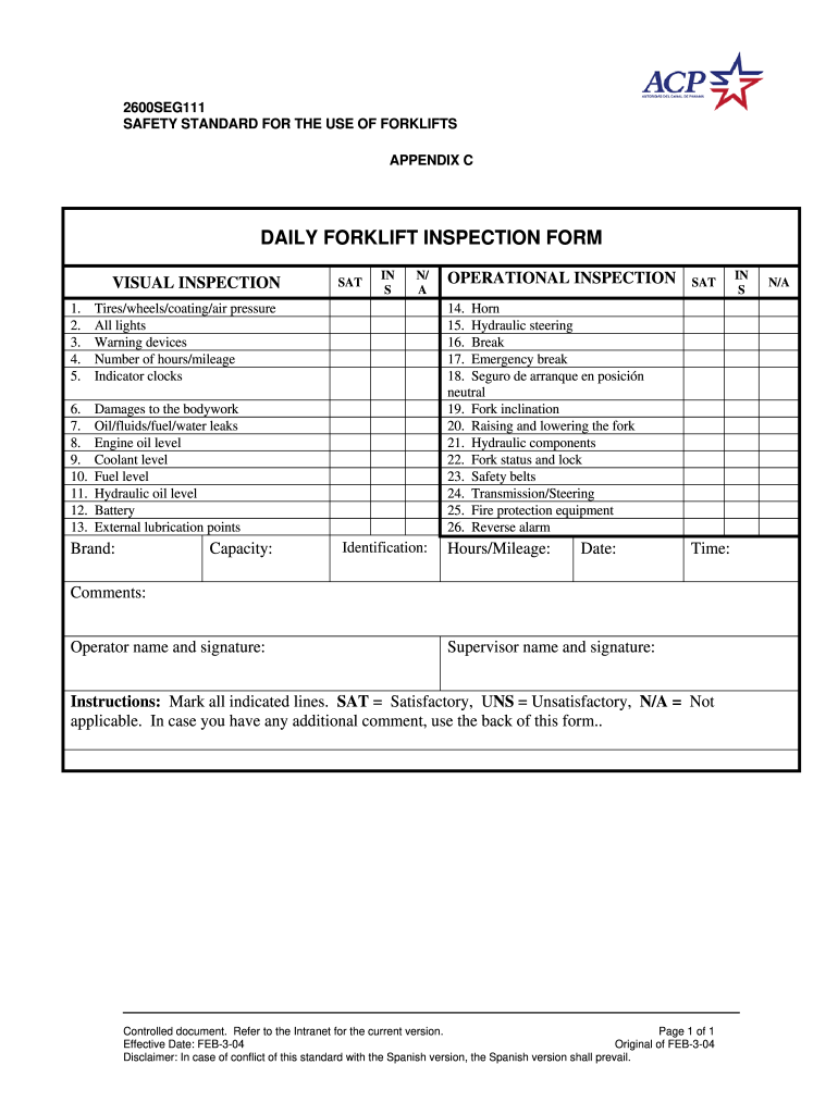 Forklift Inspection Form Fill Online Printable Fillable Blank PdfFiller