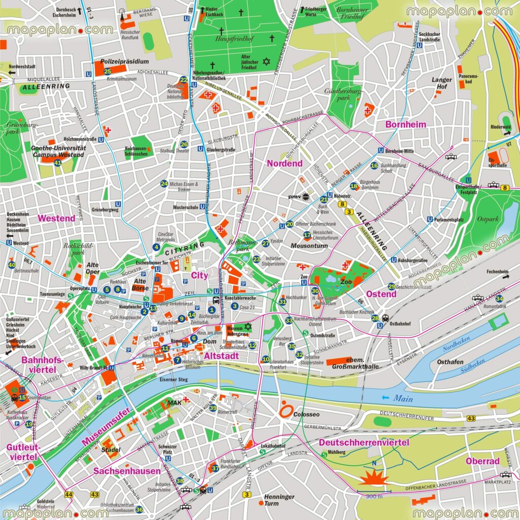 Frankfurt Maps Top Tourist Attractions Free Printable City Street Map MapaPlan