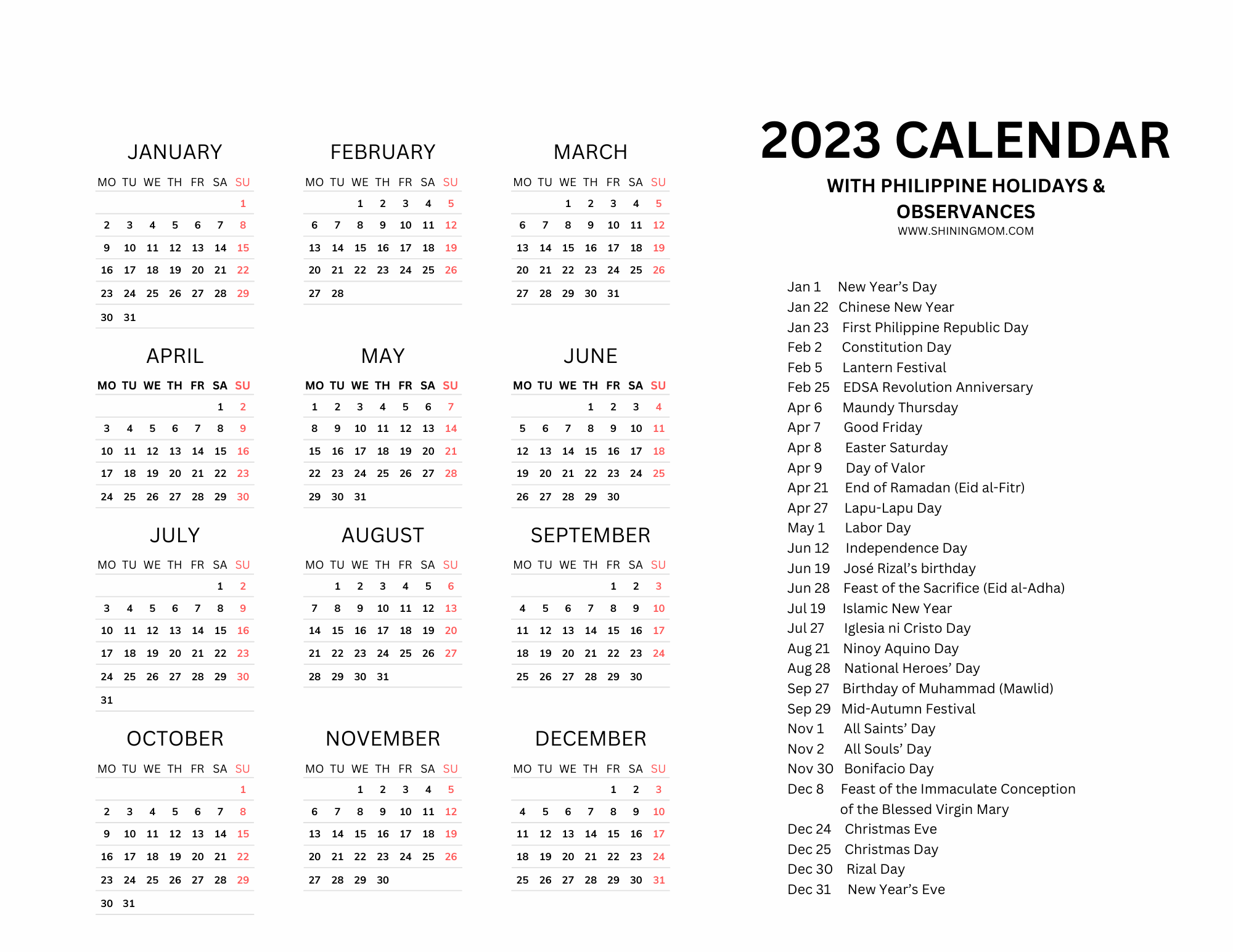 2023 Calendar Philippines With Holidays Printable