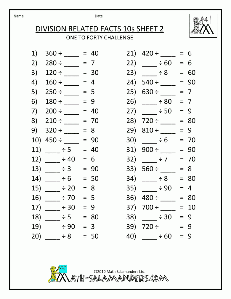 Free 4th grade math worksheets division tables related facts 10s 2 gif 780 1 009 Pixels 4th Grade Math Worksheets Division Worksheets Free Math Worksheets