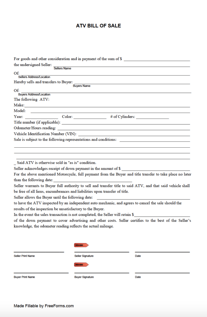Free All Terrain Vehicle ATV Bill Of Sale Form PDF