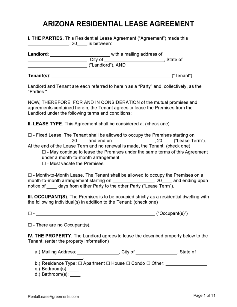 Free Arizona Residential Lease Agreement PDF