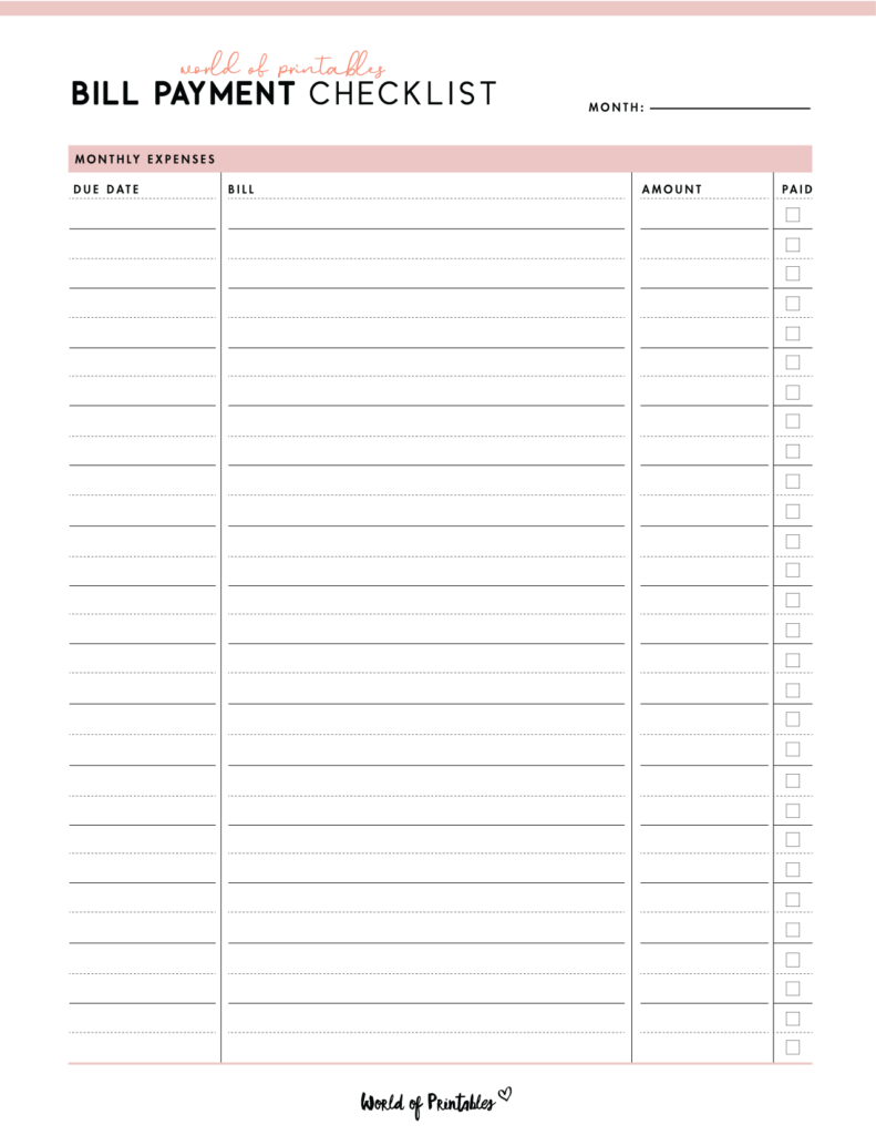 Free Bill Payment Checklist PDF World Of Printables