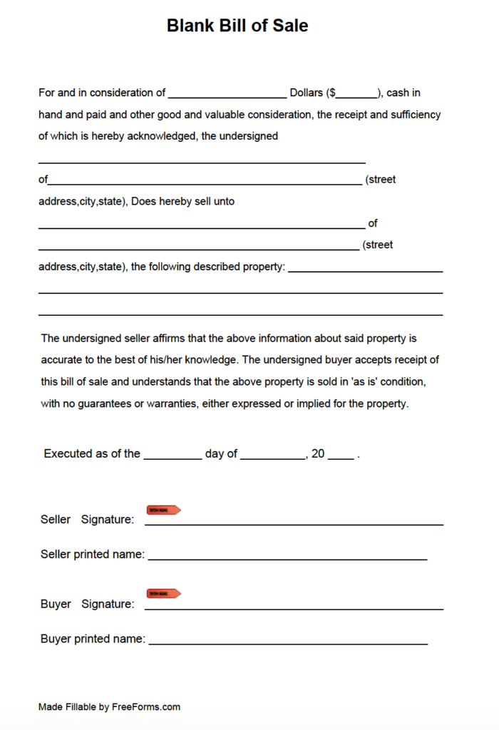 Free Blank Bill Of Sale Form PDF