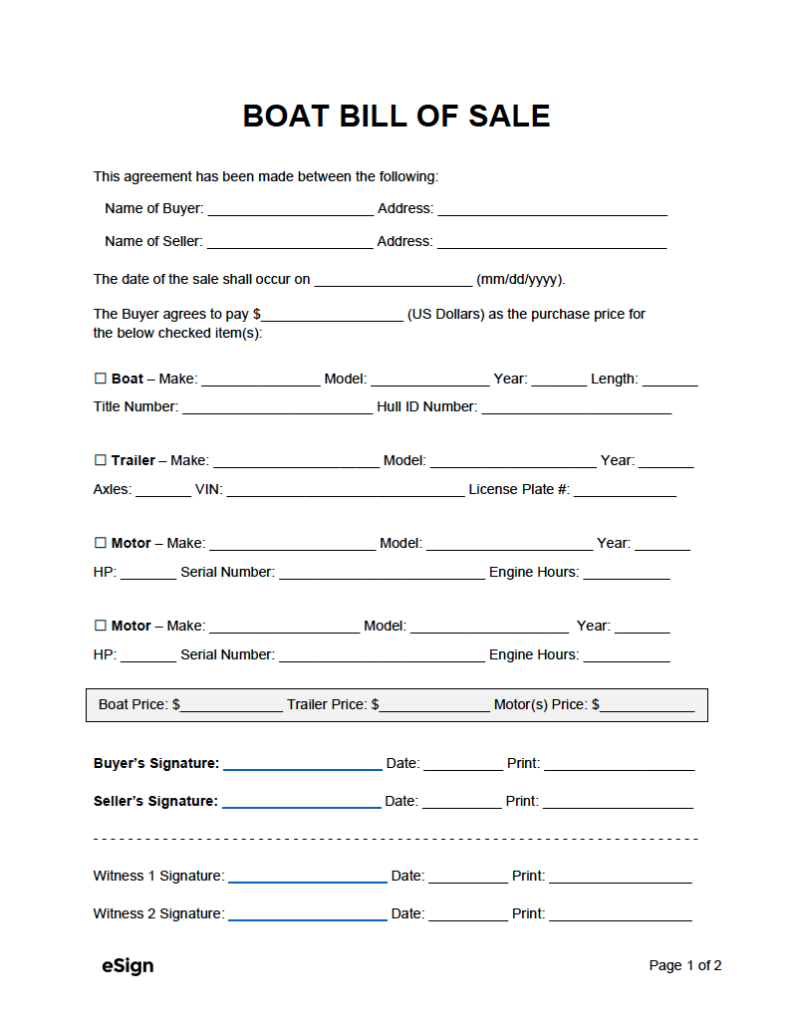 Free Boat Vessel Bill Of Sale Forms PDF Word