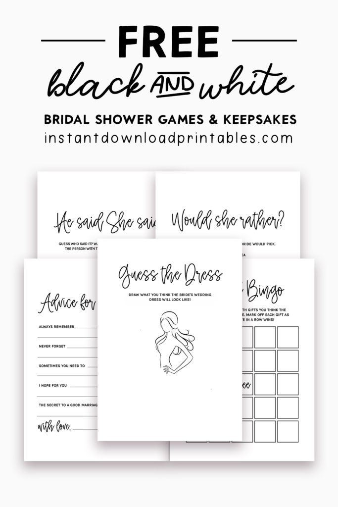 Free Bridal Shower Games And Keepsakes Printables Black And White Instant Download Printables