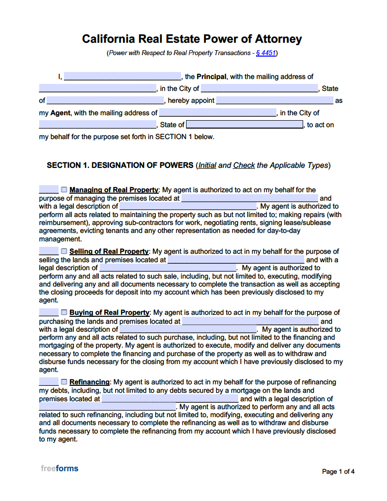 Free California Real Estate Power Of Attorney Form PDF WORD