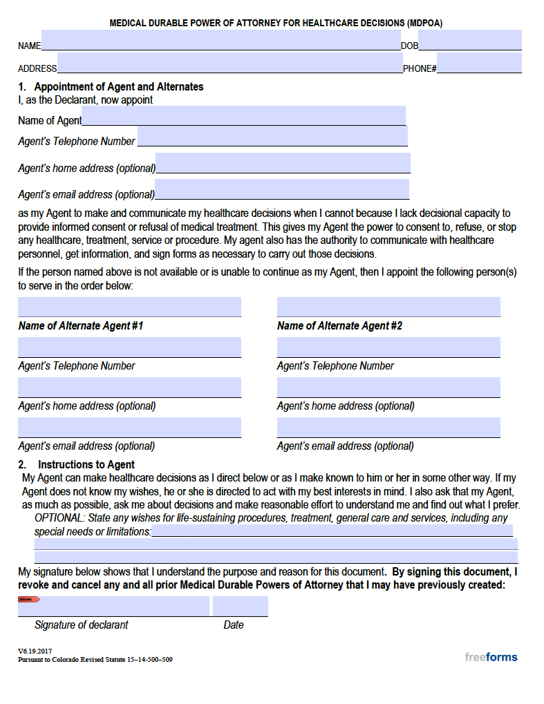 Free Colorado Medical Power Of Attorney Form PDF