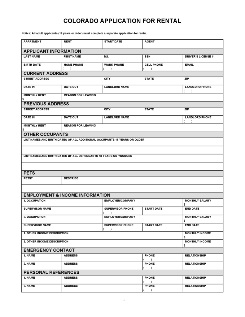 Free Colorado Rental Application PDF MS Word