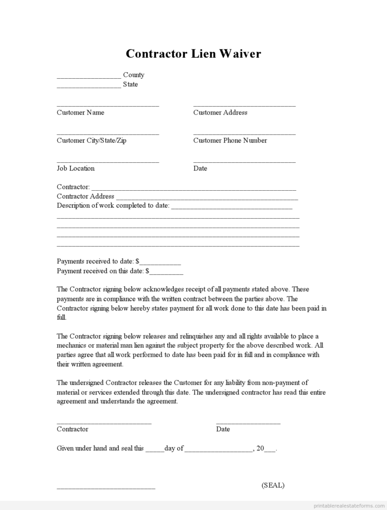FREE Contractor Lien Waiver FORM Printable Real Estate Forms Contract Template Lettering Word Template