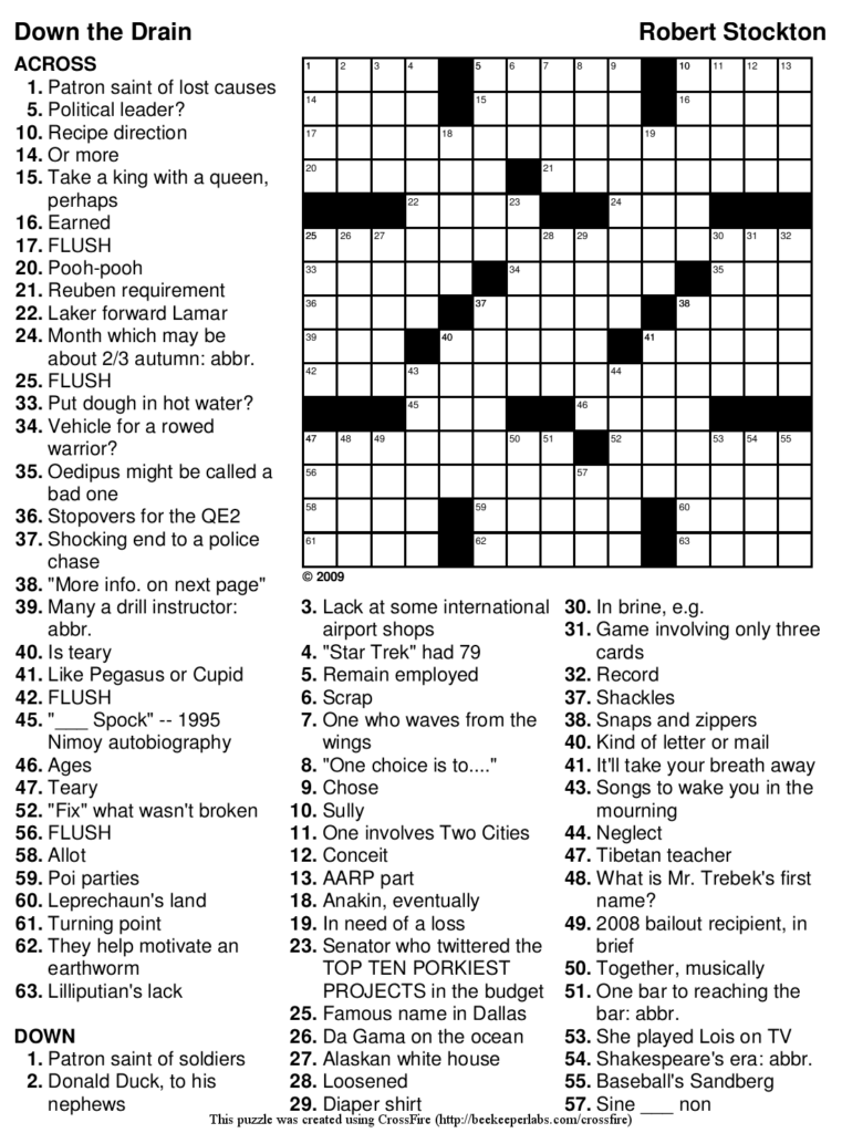 Free Crossword Puzzle 98 Down The Drain Beekeeper Crosswords