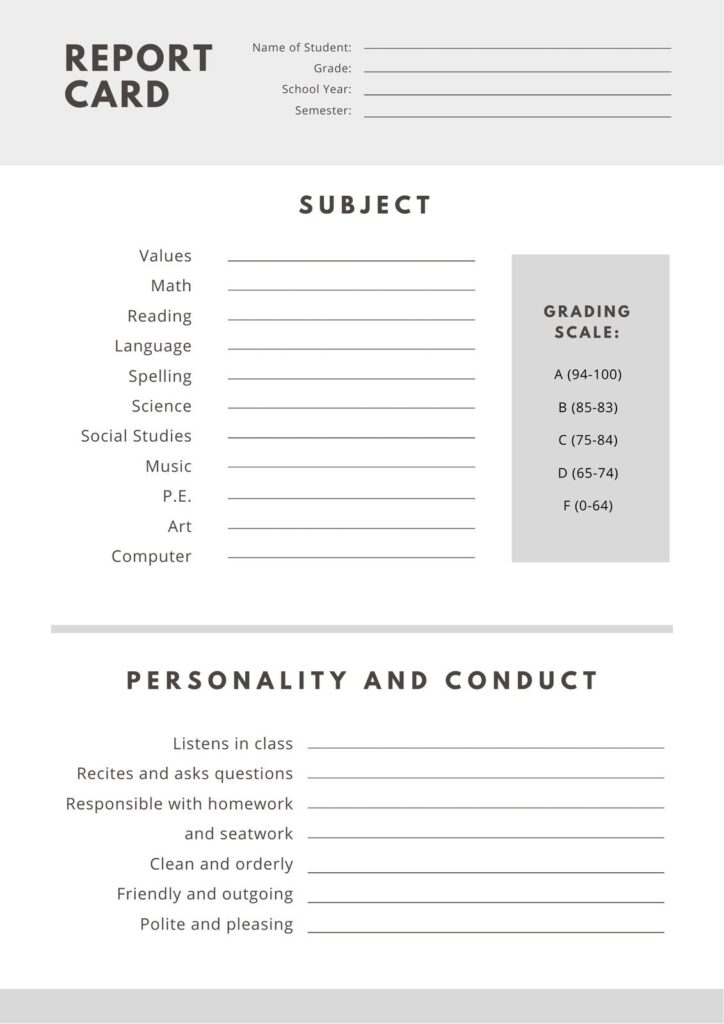 Printable Report Card Template Free