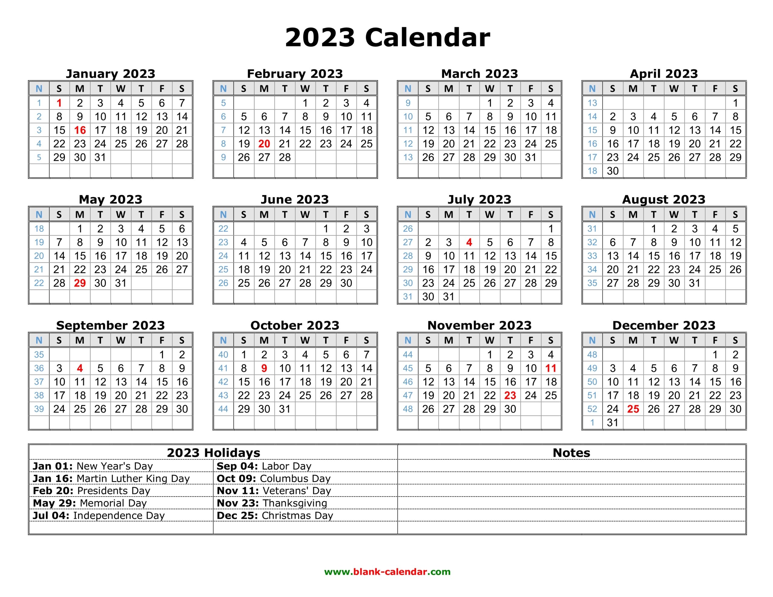 Free Printable Calendar 2023 With Holidays Usa