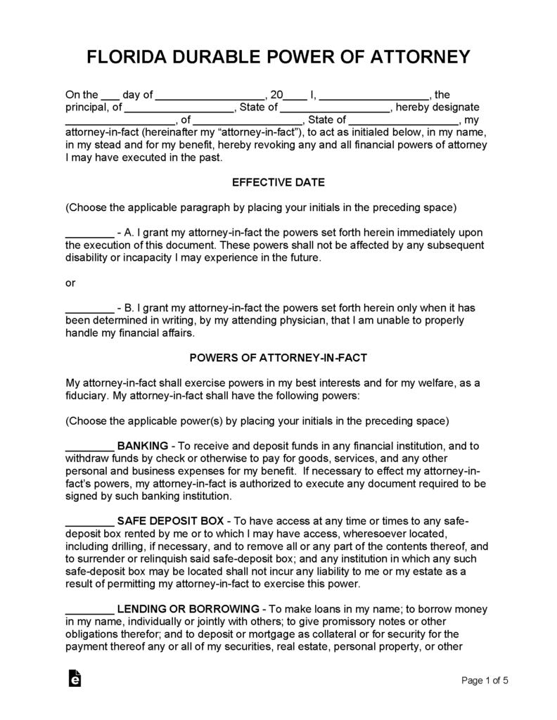 Free Durable Financial Power Of Attorney Florida Form PDF