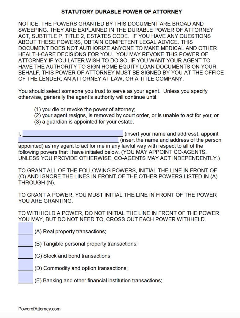 Free Durable Power Of Attorney Texas Form PDF