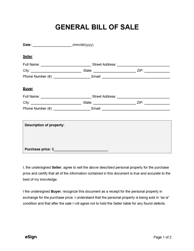 Bill Of Sale Printable Free