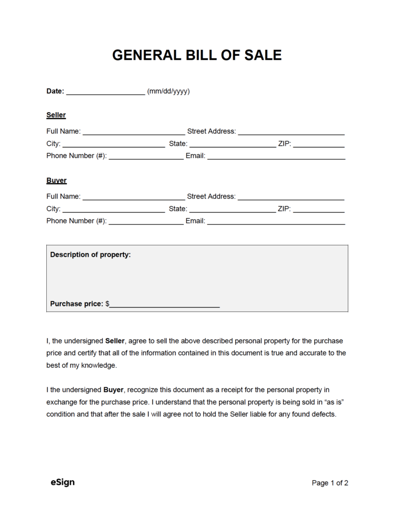 Free Bill Of Sale Form Printable