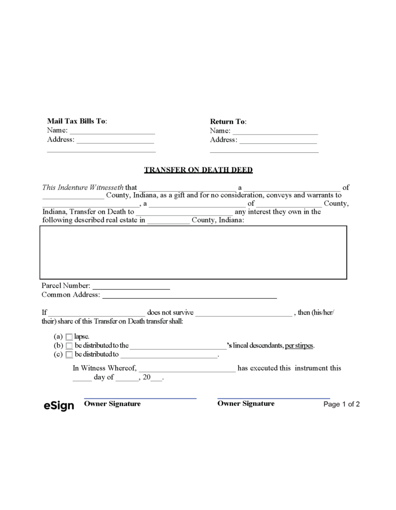 Free Indiana Transfer On Death Deed Form PDF Word