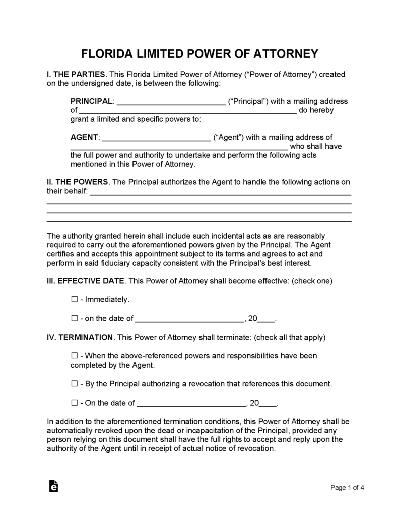 Free Limited Power Of Attorney Florida Form PDF Word