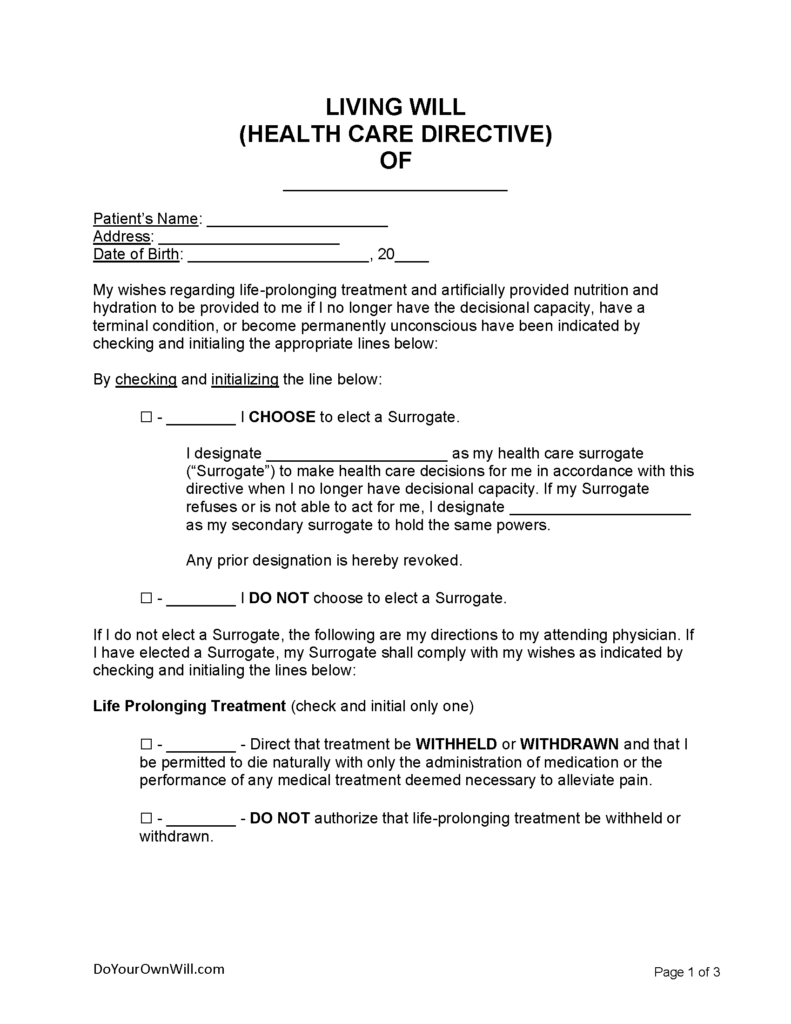 Free Living Will Form Health Care Directive PDF WORD 1 ODT