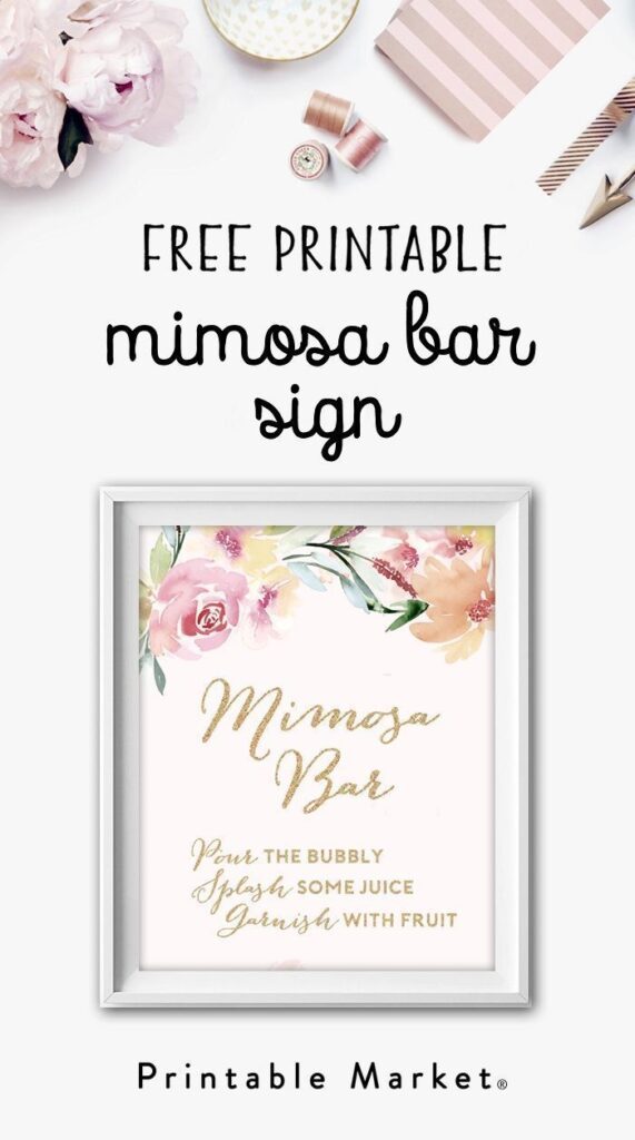 Free Mimosa Bar Watercolor Flowers Gold Glitter Printable Instant Download In 2020 Bridal Shower Bridal Shower Signs Mimosa Bar Sign