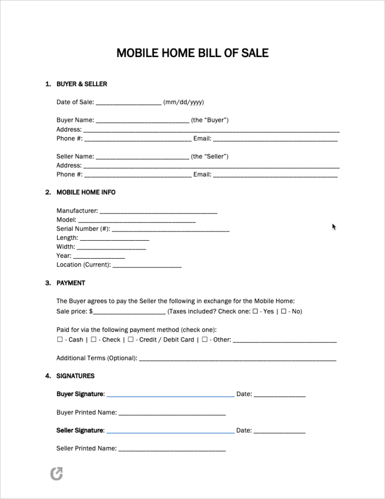 Free Mobile Home Bill Of Sale Form PDF WORD RTF