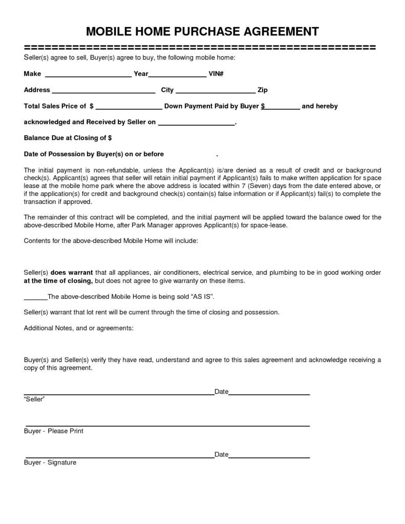 Free Printable Purchase Agreement For Mobile Home