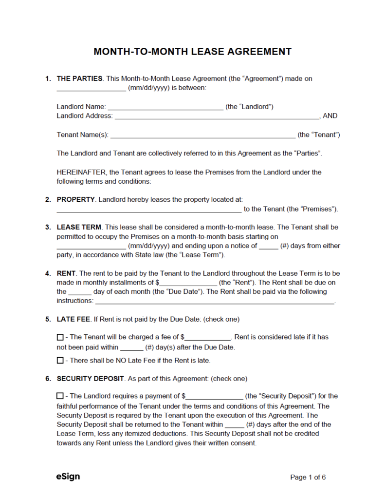 Free Month to Month Lease Agreement Templates PDF Word