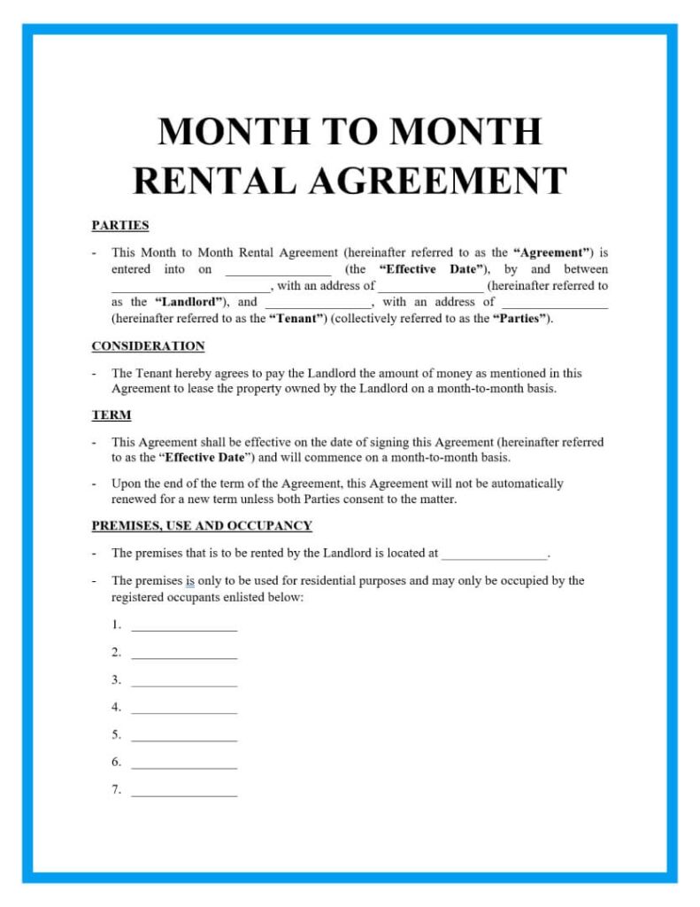 Free Printable Month-to-month Rental Agreement