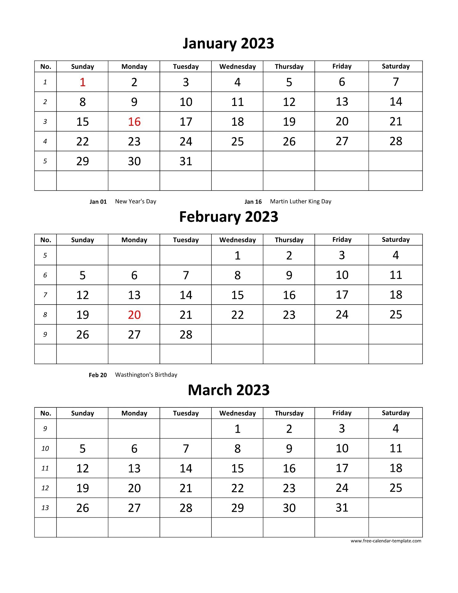 Free Monthly Calendar 2023 3 Months Per Page vertical Free calendar Template
