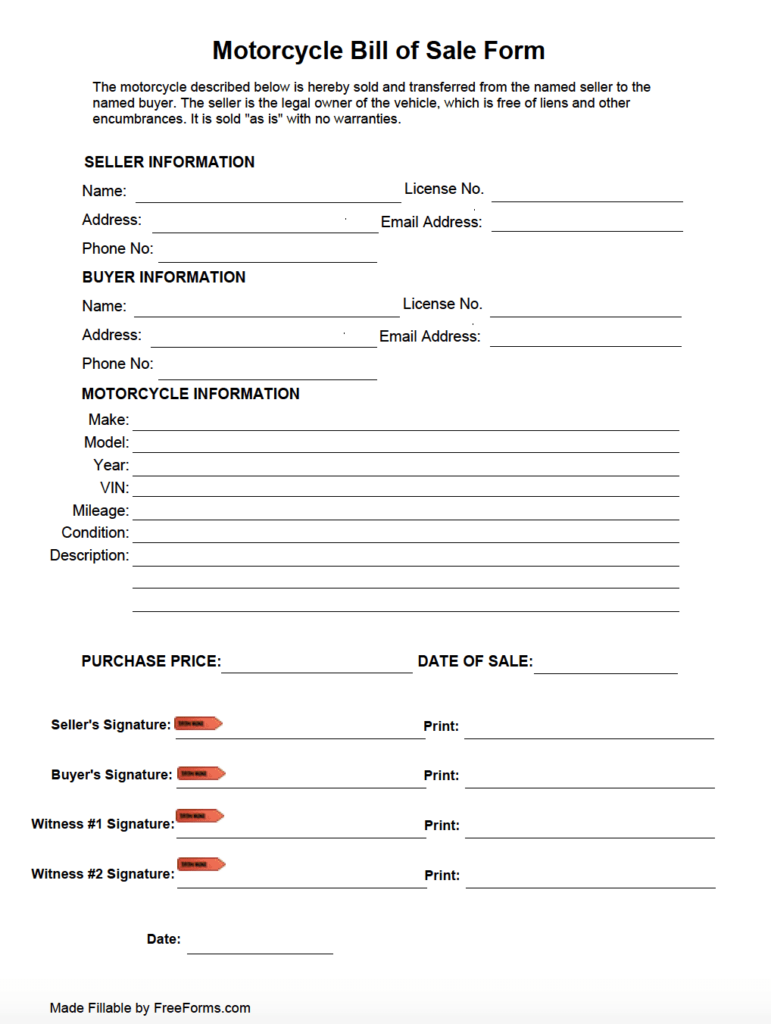 Free Motorcycle Bill Of Sale Form PDF