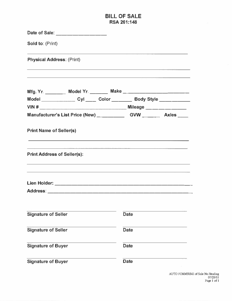 Free New Hampshire Motor Vehicle Bill Of Sale Form PDF Word