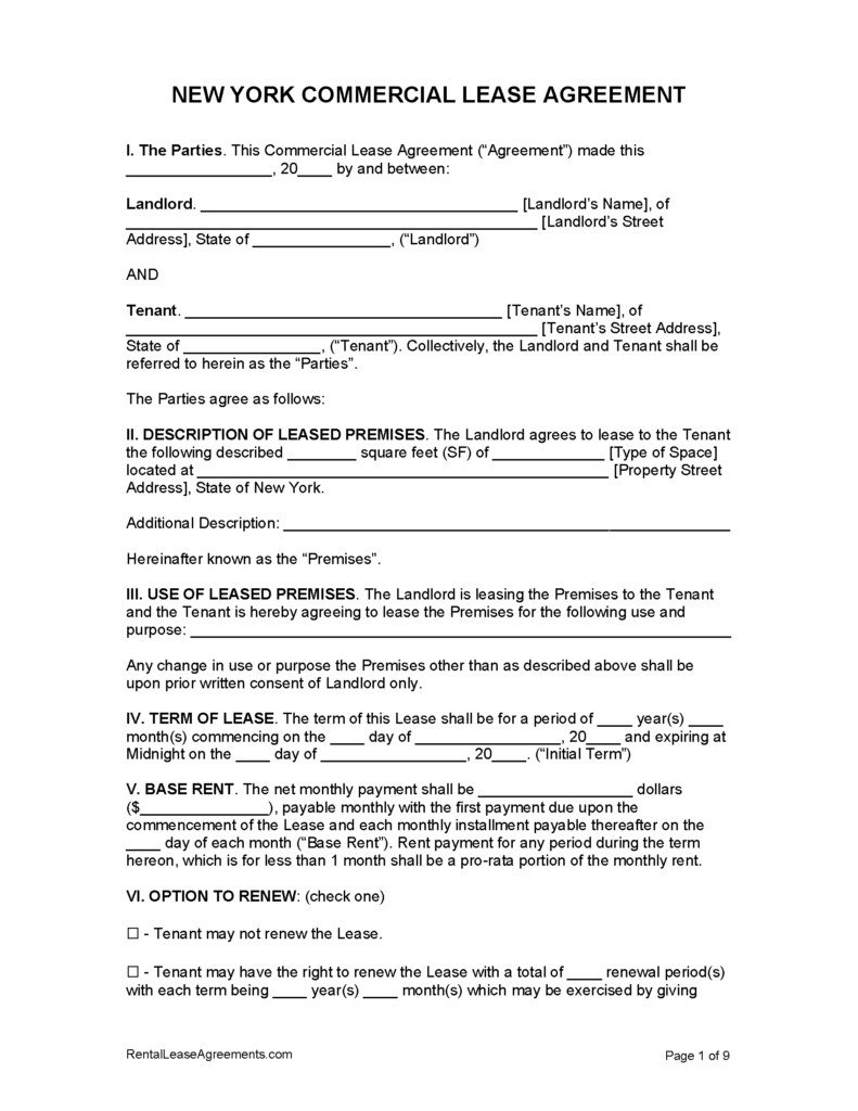 Free New York Commercial Lease Agreement PDF MS Word