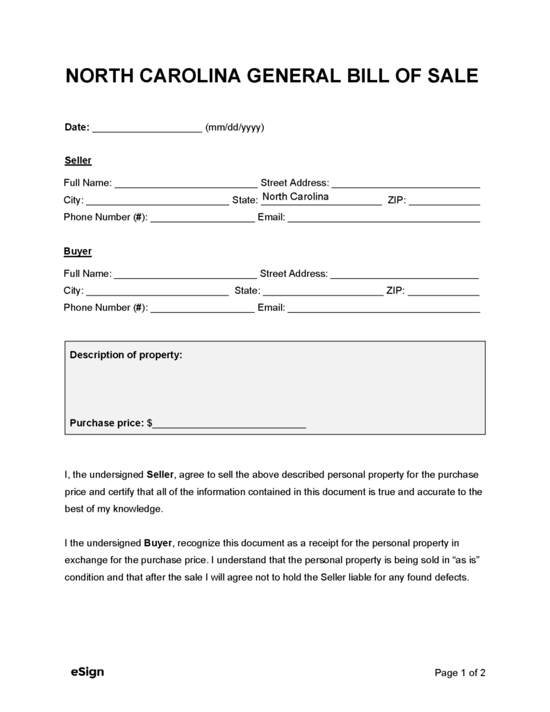 Free North Carolina General Bill Of Sale Form PDF Word