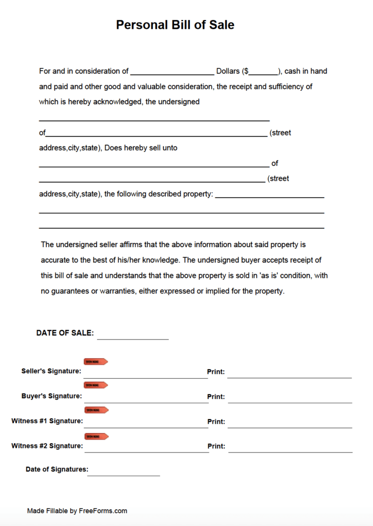 Free Personal Bill Of Sale Form PDF