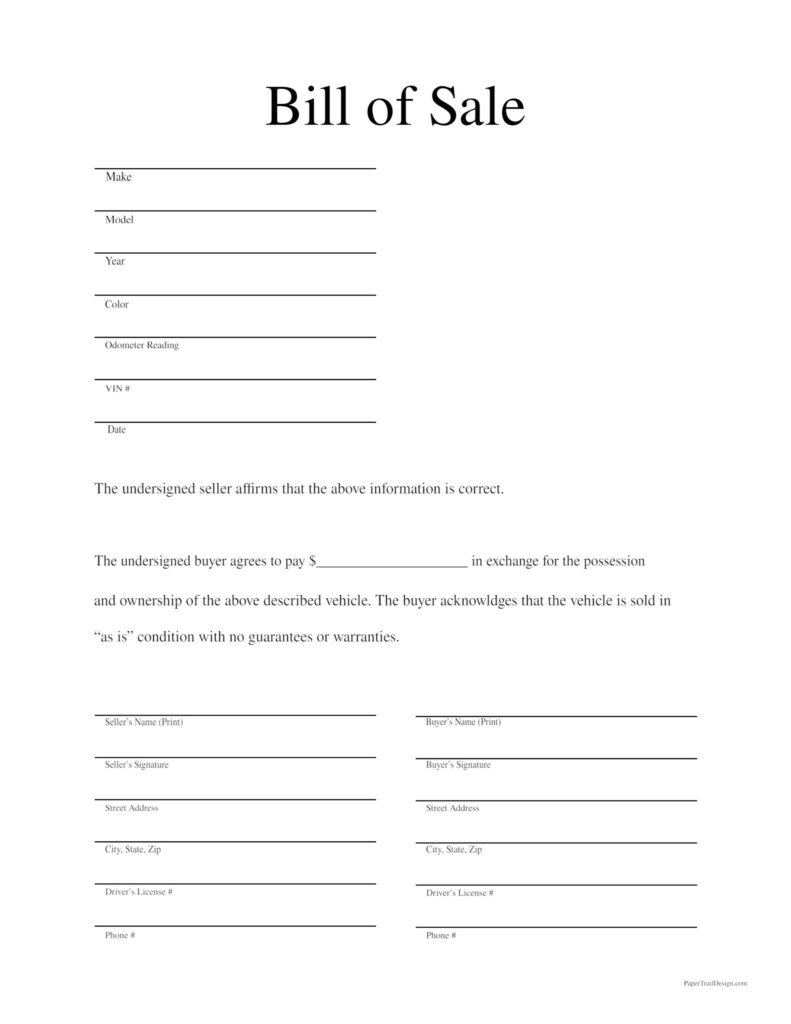Free Printable Automobile Bill Of Sale