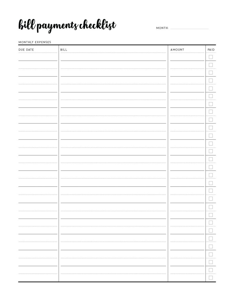 Free Printable Bill Pay Checklist World Of Printables