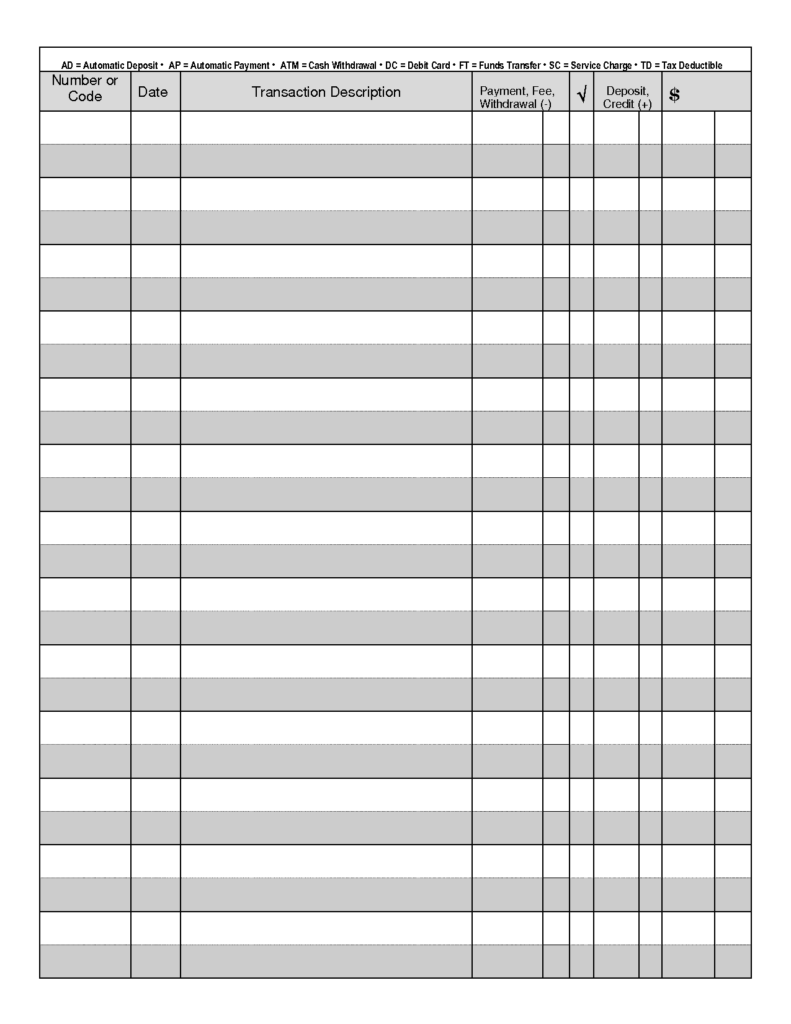 Checkbook Register Printable Free