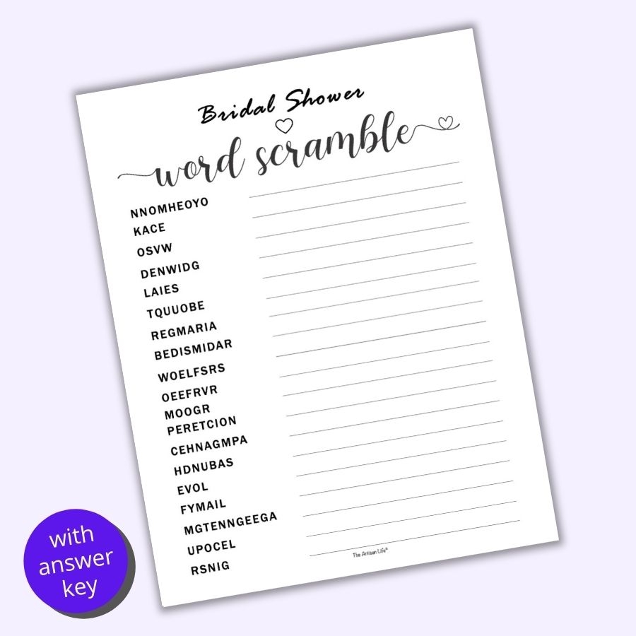 Free Printable Bridal Shower Word Scramble with Answer Key The Artisan Life