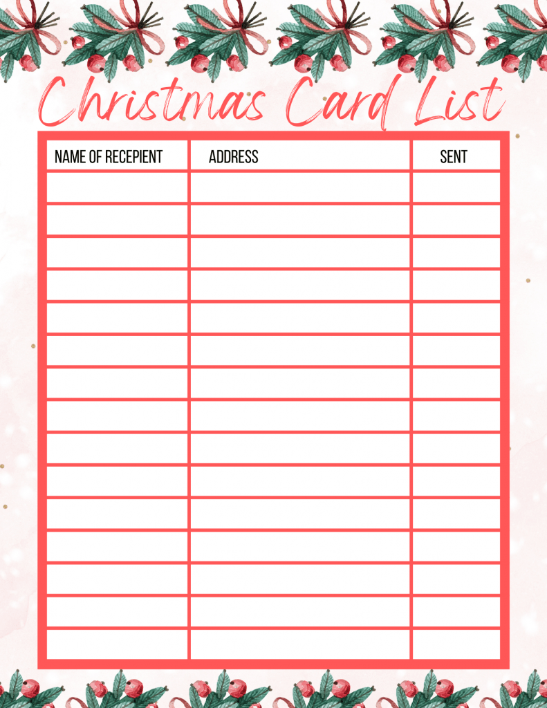 FREE Printable Christmas Card List My Printable Home