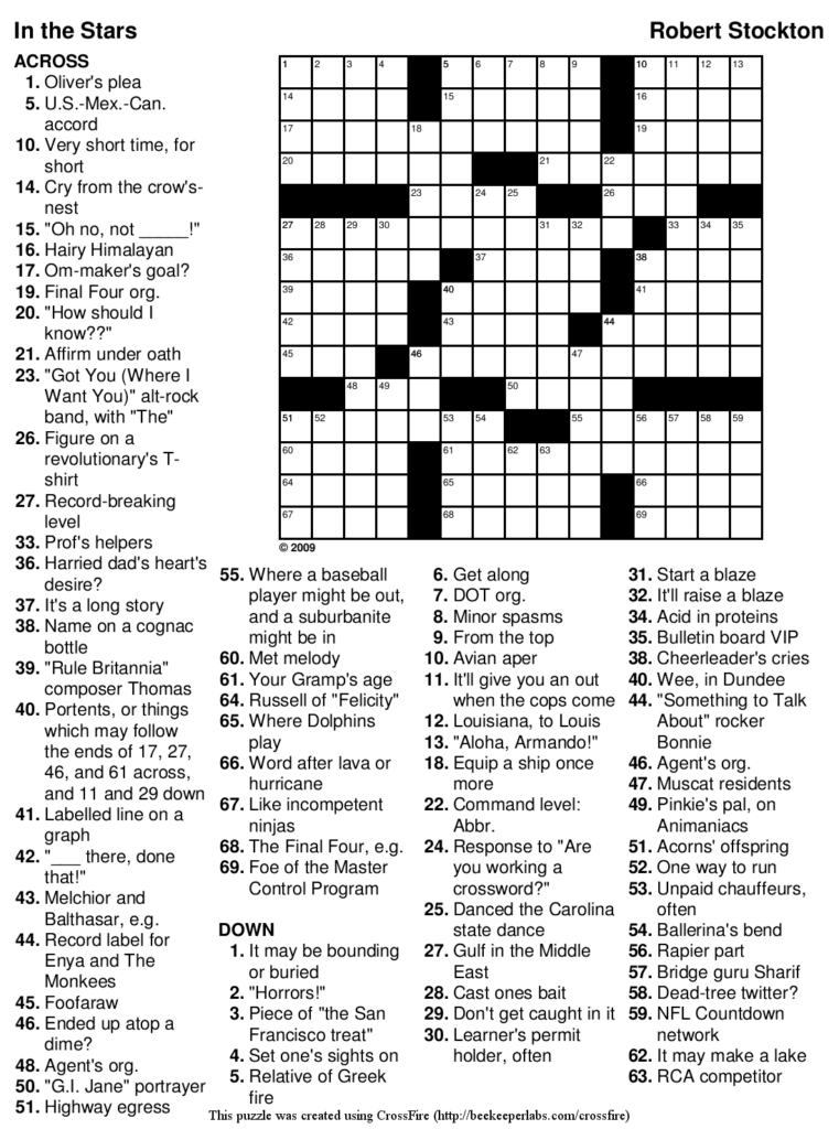 Free Printable Crossword Puzzle 91 In The Stars Beekeeper Crosswords