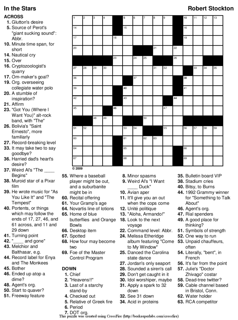 Free Printable Crossword Puzzle 91 In The Stars Beekeeper Crosswords