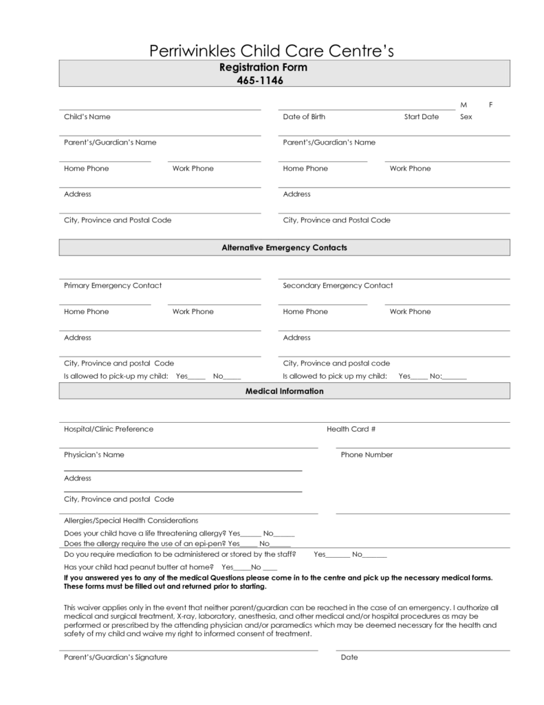 Free Printable Child Care Forms