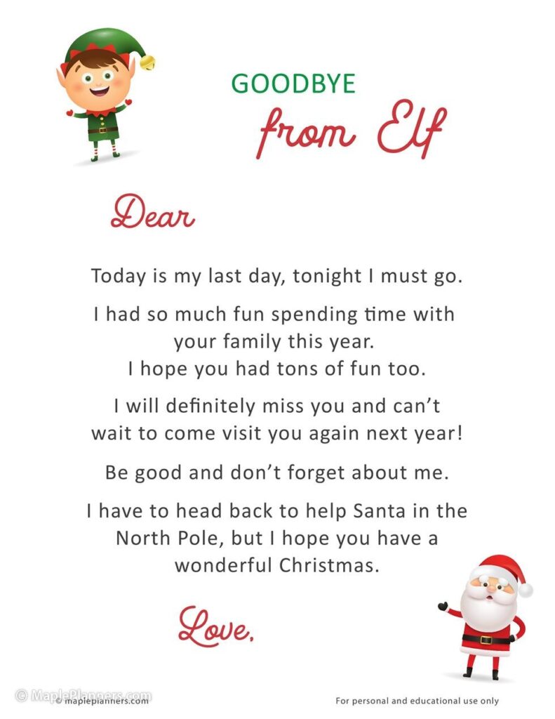 Free Printable Elf On The Shelf Return Letter