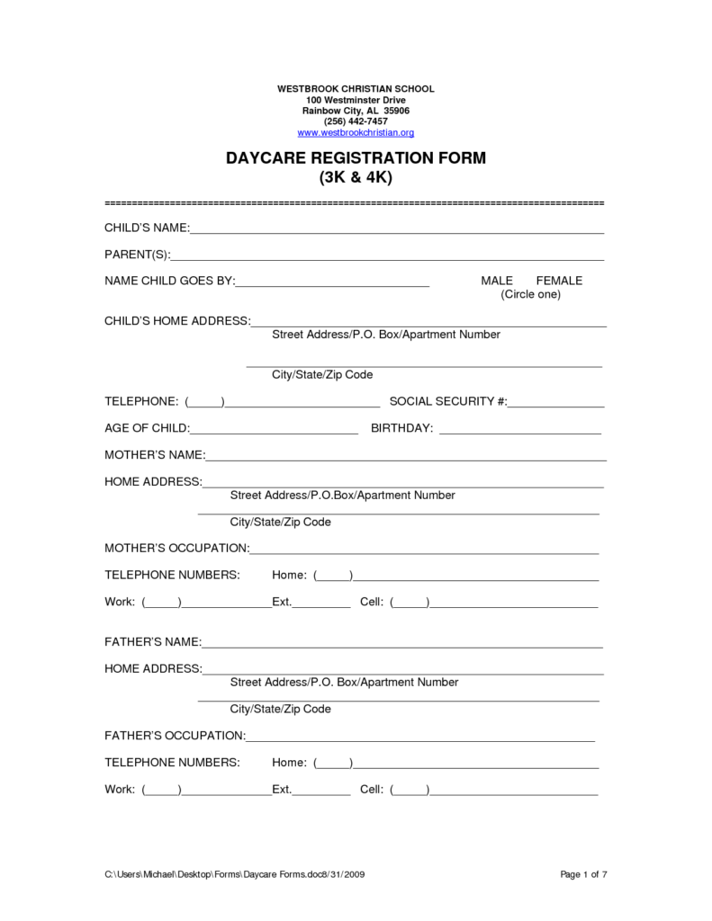 Free Printable Home Daycare Forms Daycare Registration Form Daycare Forms Daycare Enrollment Forms