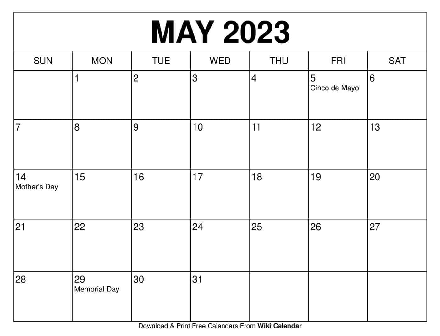 Printable Calendar For May 2023