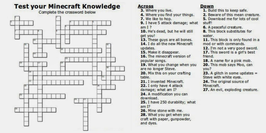 Free Printable Minecraft CrossWord Search Test Your Minecraft Knowledge Adventures Of Kids Creative Chaos