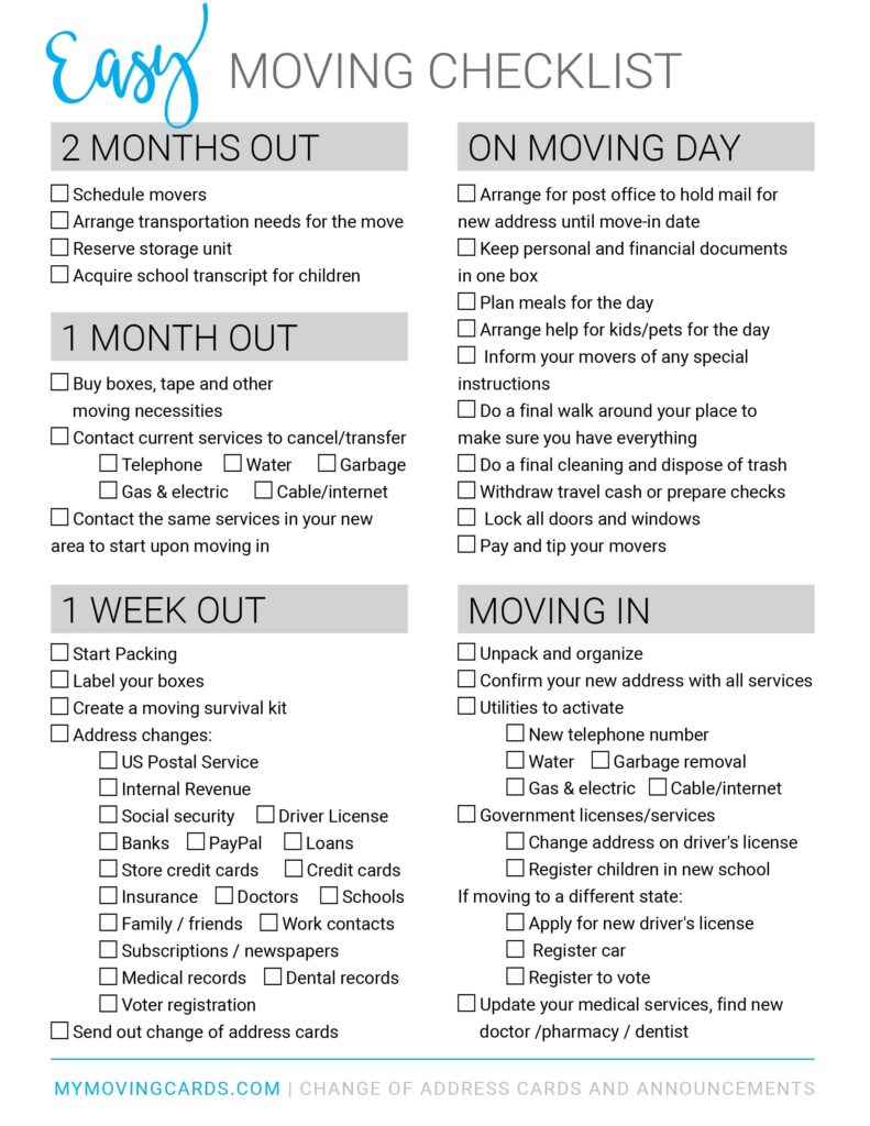 Free Printable Moving Checklist Personalized Moving Cards Moving Checklist Moving House Checklist Moving House